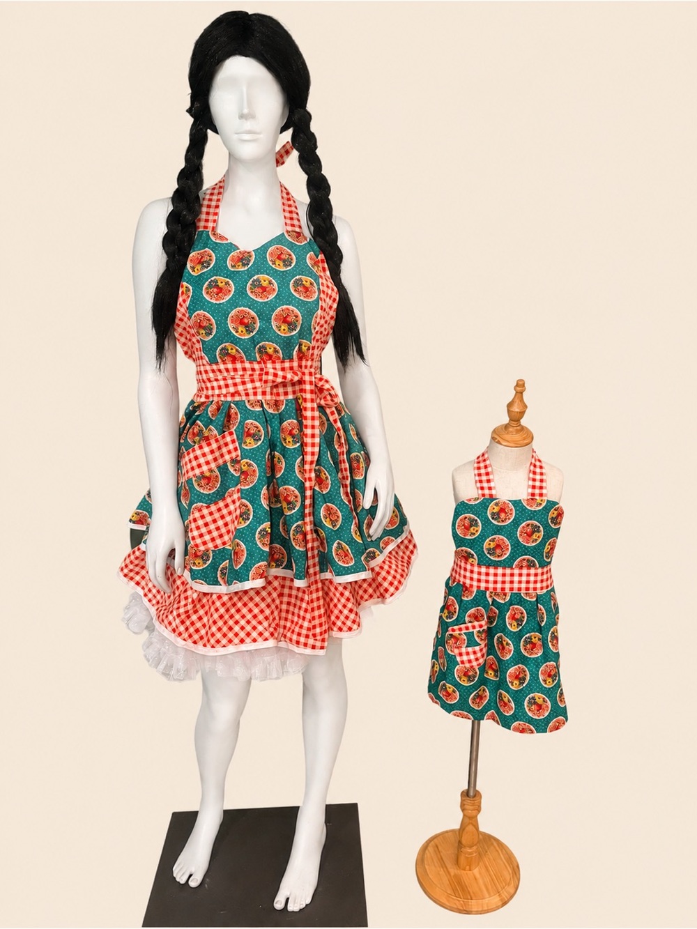 Retro Green Floral & Red Gingham Apron Duo